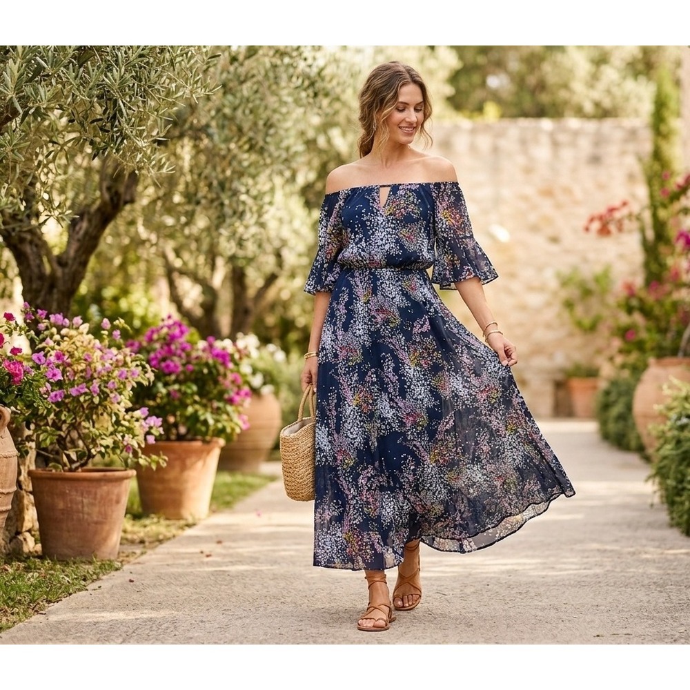 ModCloth Navy Blue Floral Off The Shoulder Midi Dress Flutter Sleeve Small